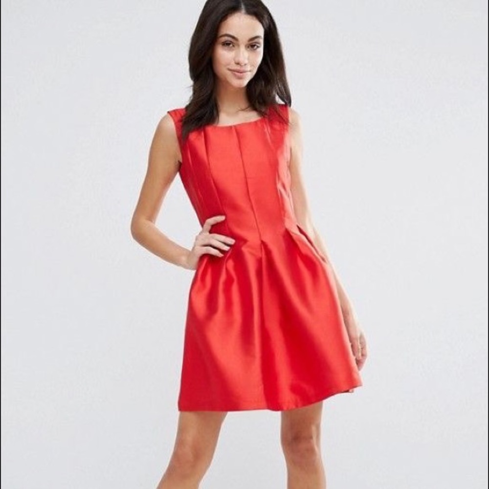 City Goddess Satin Structured Skater Dress - Red